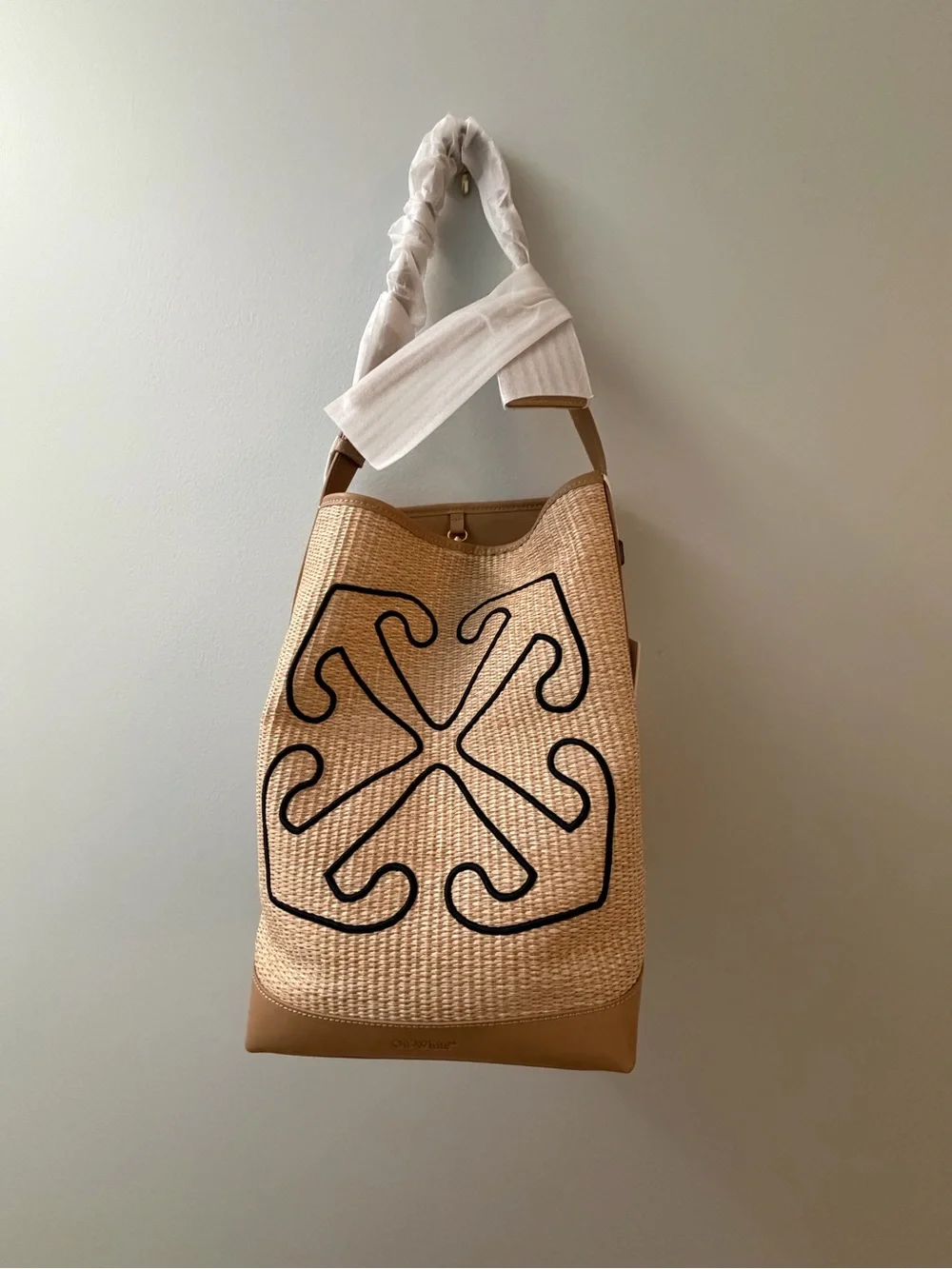 Off-White Beige Woven Logo Tote with Tan Leather Base